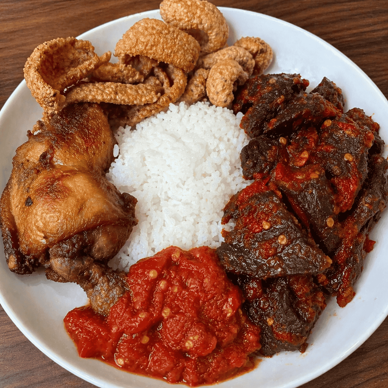 Nasi + Kulit + Ayam + Paru Balado + Sambal